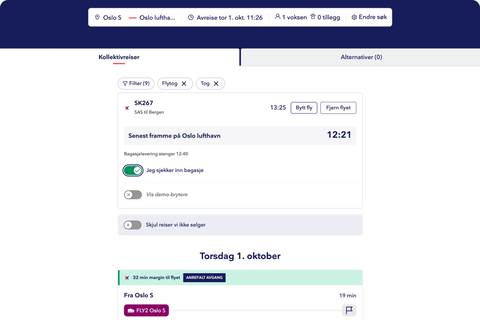 Skjermbilde av Flykopling: et søk fra Oslo S til Oslo lufthavn for SAS-flyet SK267 til Bergen, som viser at man senest må være fremme 12:21, og en anbefalt avgang med Flytoget som gir 32 minutters margin til flyet.