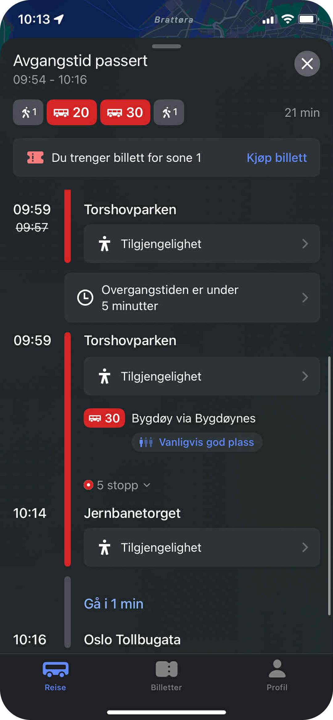 Ruter-appen som viser reiseforslag med tilgjengelighetsinformasjon