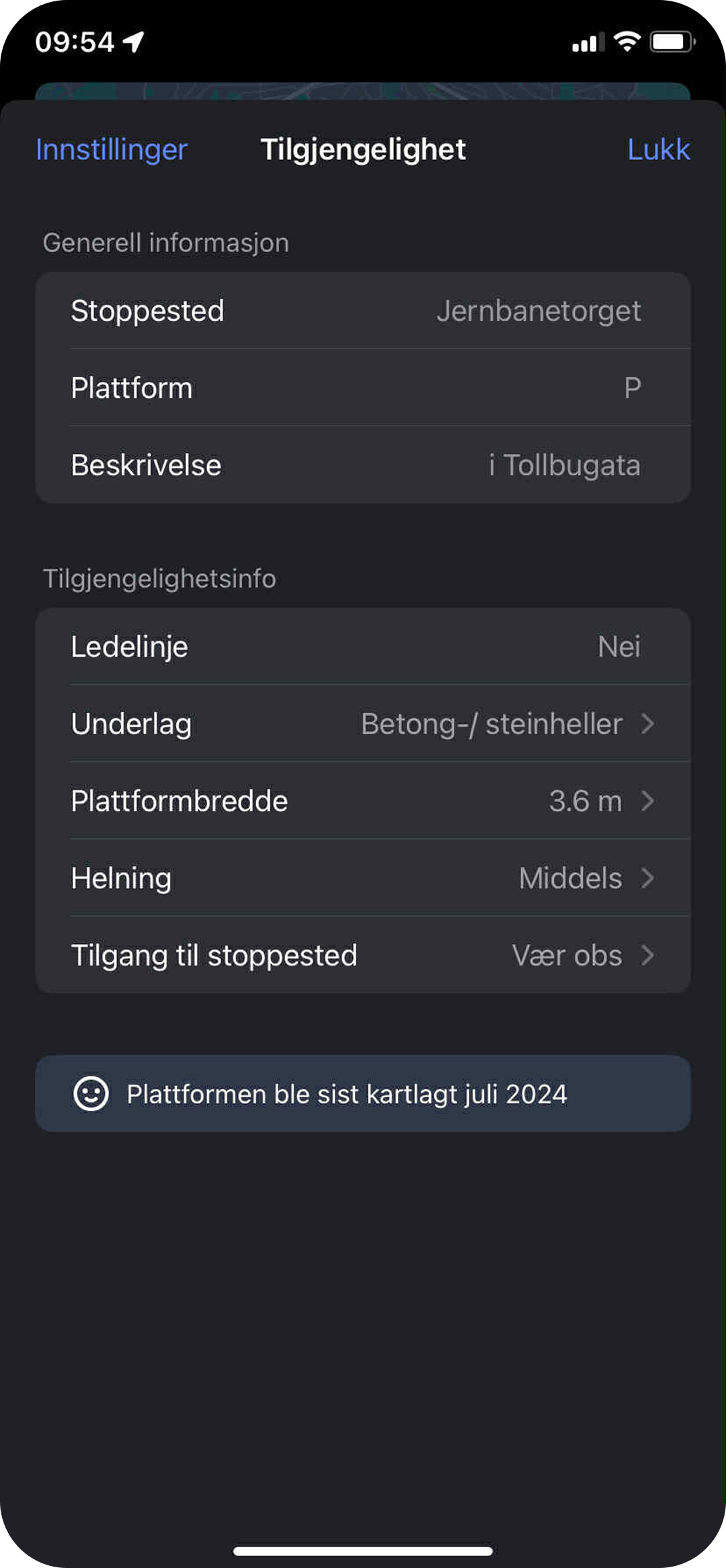 Ruter-appen som viser tilgjengelighetsinformasjon for et stoppested